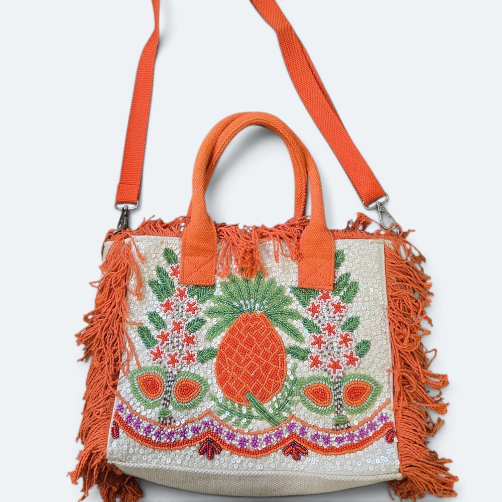 America & Beyond Fringe Fiesta Pineapple Mini Tote Beaded Sequin Crossbody Bag